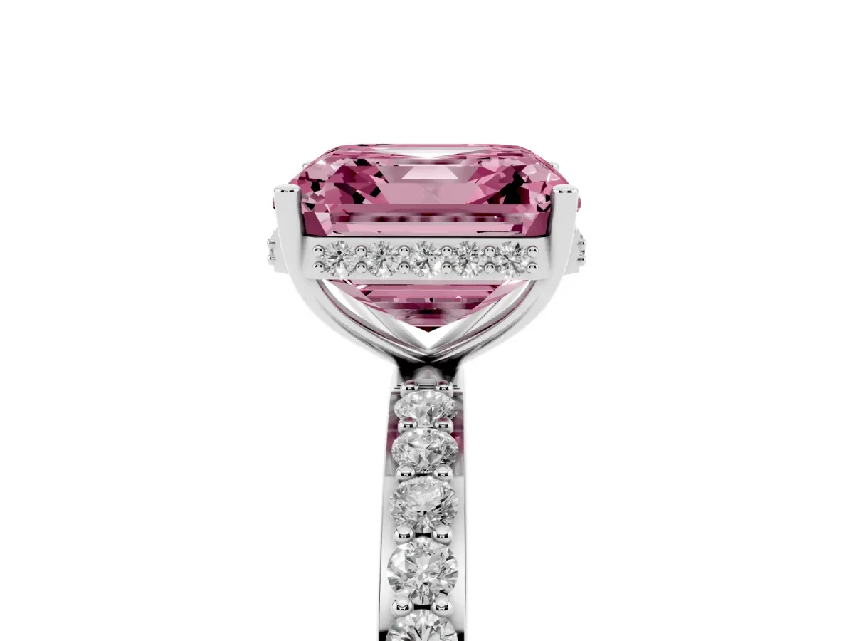 Fancy Pink Asscher Cut Diamond Solitaire Ring with Pavé Band and Hidden Halo Silver