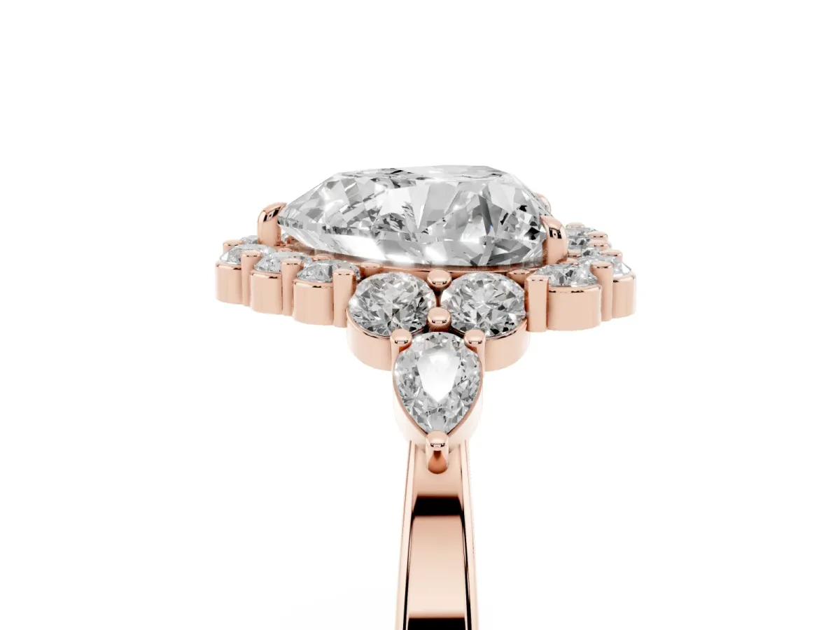 Heart Cut Diamond Halo Ring with Pear Side Stones and Prong Setting Rose gold