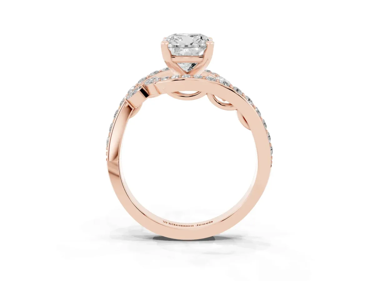 Cushion Cut Diamond Solitaire Ring with Filigree Band and Four-Prong Setting Rose gold