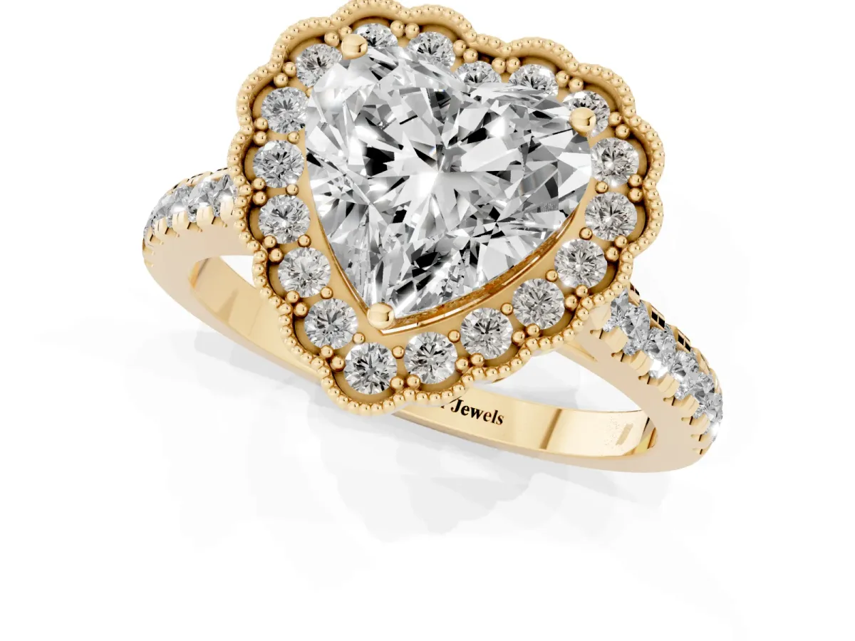 Heart Cut Cut Diamond Milgrain Floral Halo Engagement Ring with Pavé Band Yellow gold