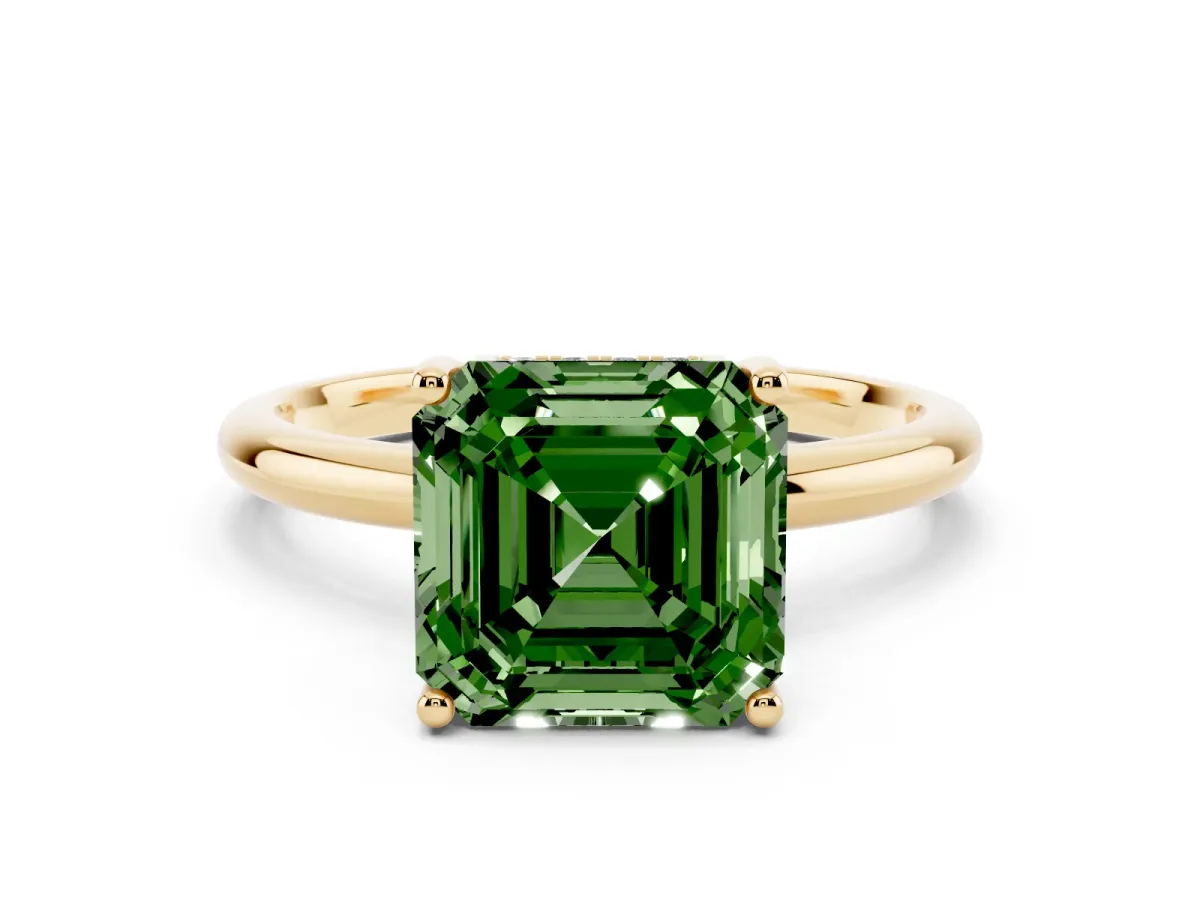 Fancy Green Asscher Cut Cut Solitaire Engagement Ring with Four-Prong Setting and Classic Band Yellow gold