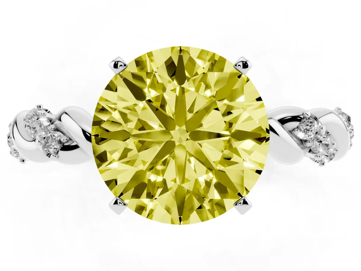 Fancy Yellow Round Cut Diamond Solitaire Ring with Twisted Band and Pavé Accents Silver