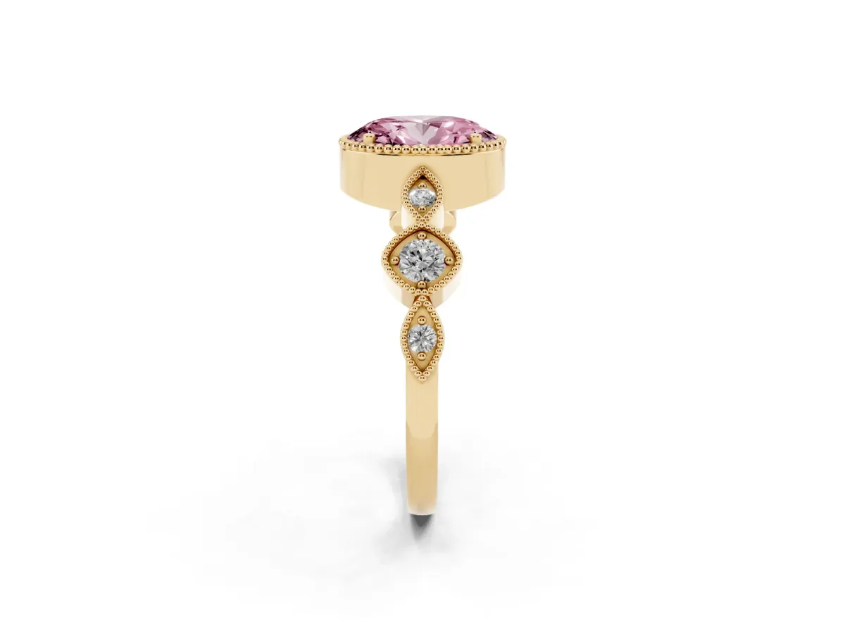 Fancy Pink Oval Cut Diamond Vintage Milgrain Ring with Round Stations Yellow gold