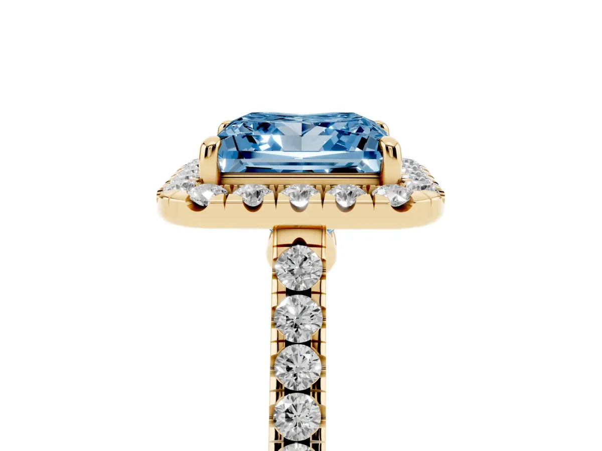 Fancy Blue Princess Cut Halo Pave Diamond Engagement Ring with Four-Prong Setting Yellow gold