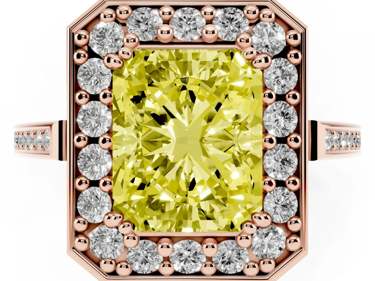 Fancy Yellow Radiant Cut Diamond Halo Ring with Split Shank and Four-Prong Setting Rose gold