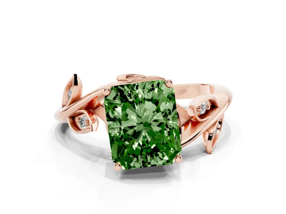 Fancy Green Radiant Cut Solitaire Twist Engagement Ring with Leaf Accents and Prong Setting Rose gold