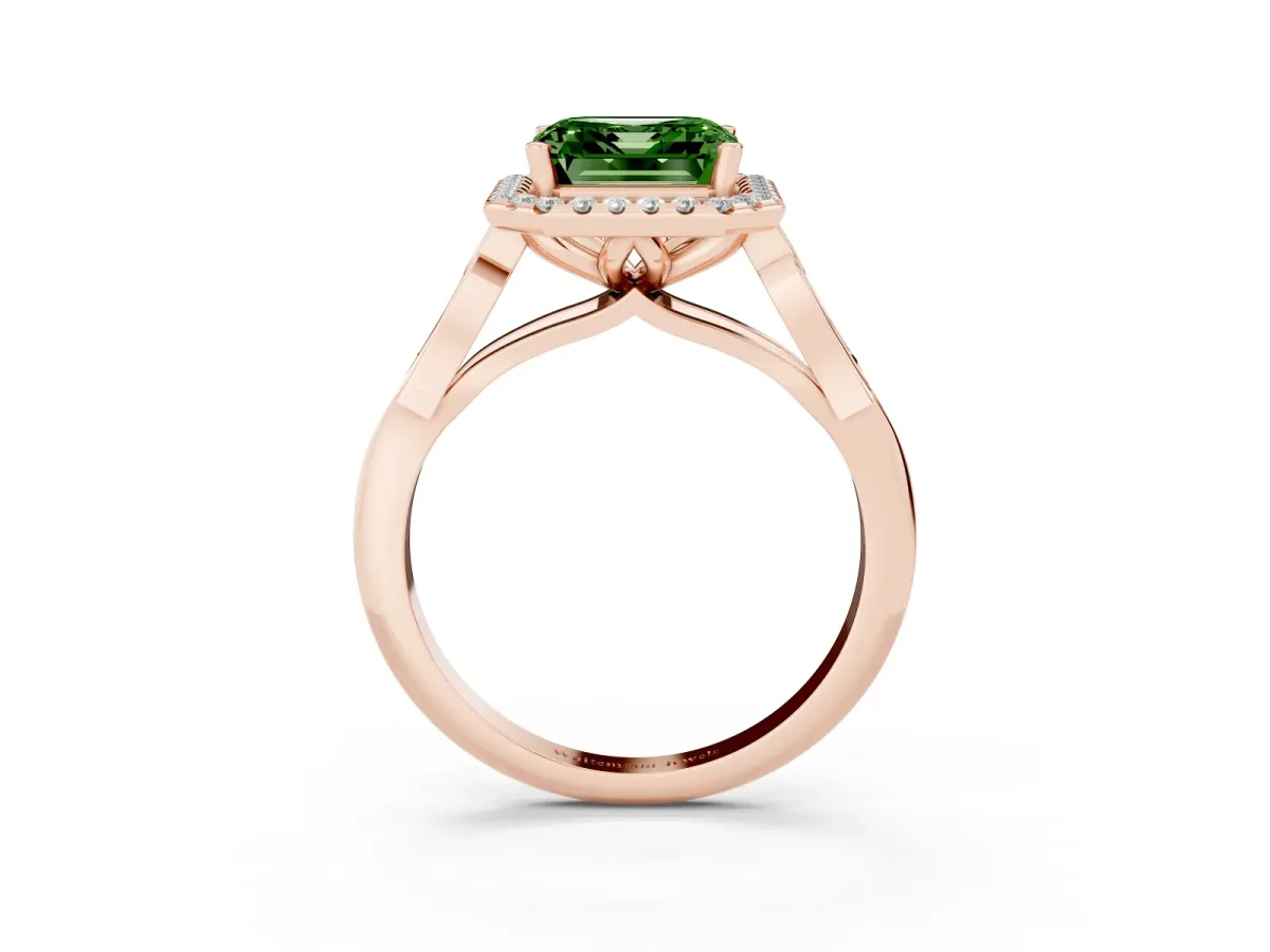 Fancy Green Asscher Cut Halo Diamond Engagement Ring with Filigree Band and Four-Prong Setting Rose gold