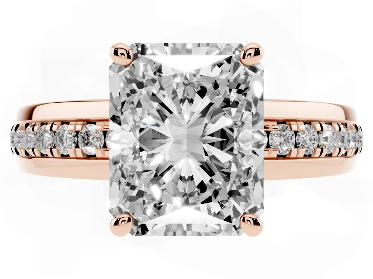 Radiant Cut Solitaire Diamond Ring with Channel Set Band and Six-Prong Setting Rose gold
