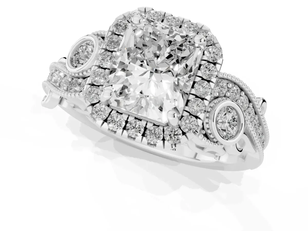Radiant Cut Diamond Halo Ring with Milgrain Pavé Band and Four-Prong Setting Silver