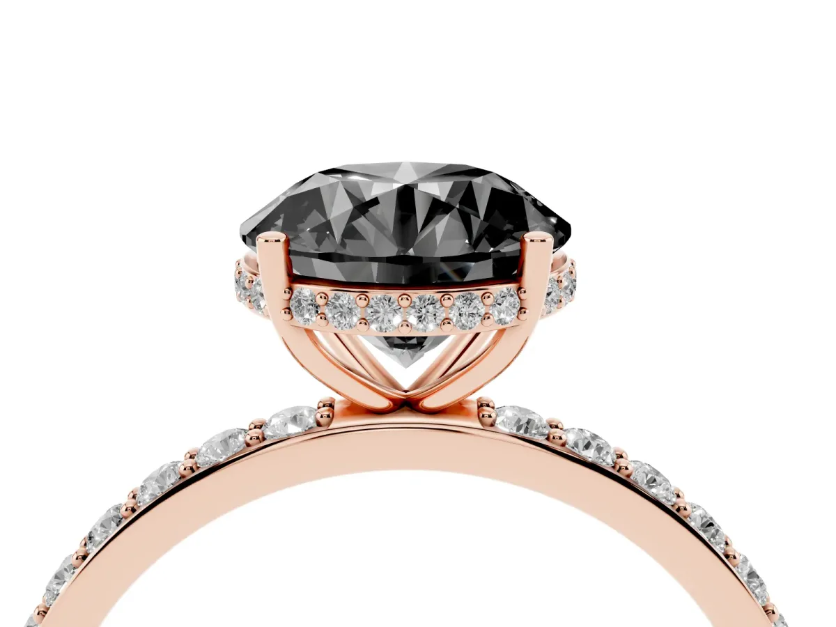 Fancy Black Round Cut Diamond Solitaire Ring with Pavé Band and Hidden Halo Rose gold