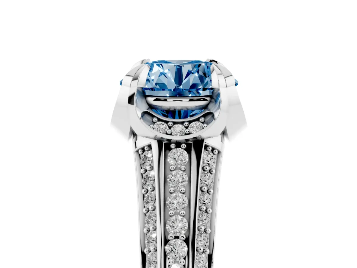 Fancy Blue Round Cut Solitaire Pave Split Shank Ring with Four-Prong Setting Platinum