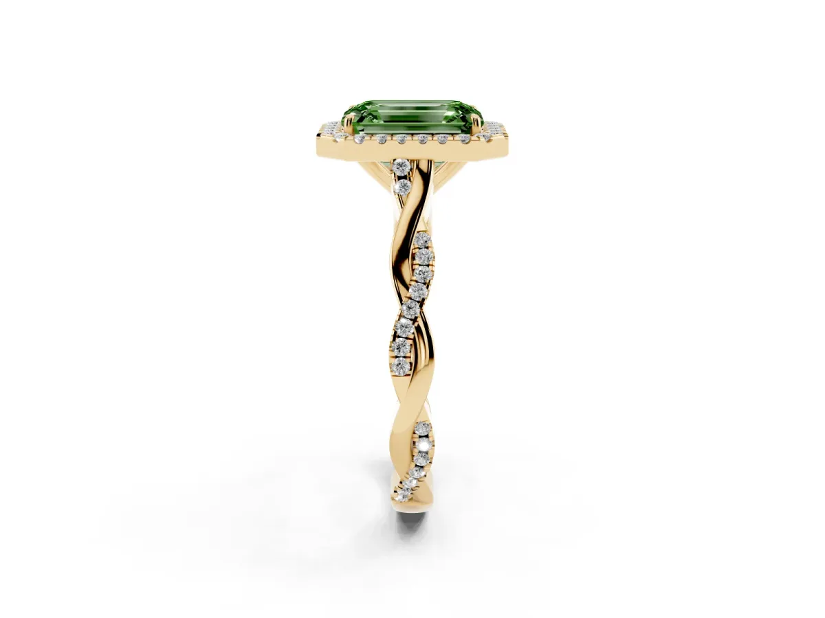 Fancy Green Emerald Cut Halo Twist Band Solitaire Ring Yellow gold