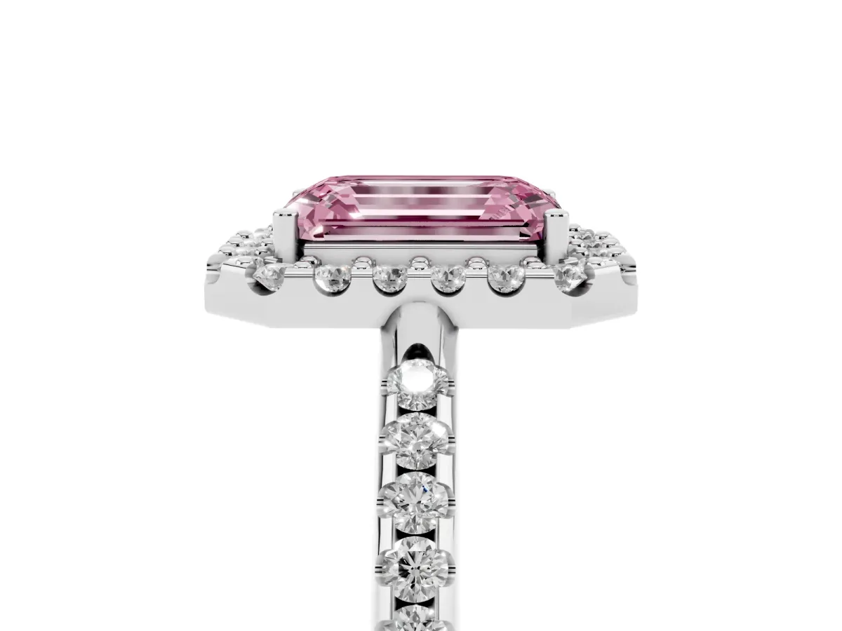 Fancy Pink Emerald Cut Diamond Pavé Halo Ring with Four-Prong Setting Silver