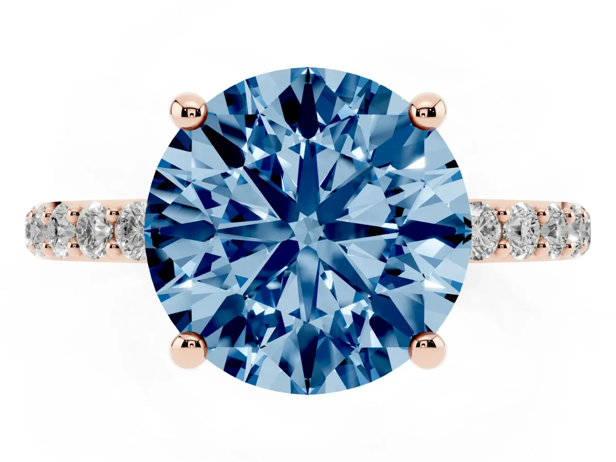 Fancy Blue Round Cut Diamond Solitaire Ring with Round Pavé Band and Prong Setting Rose gold