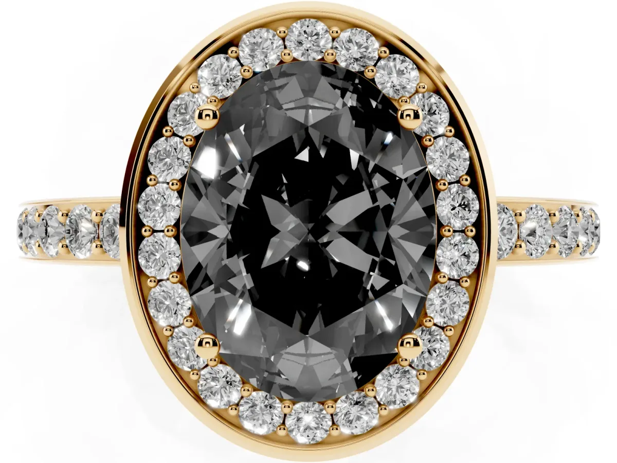 Fancy Black Oval Cut Diamond Halo Ring with Bezel Frame and Pavé Band Yellow gold