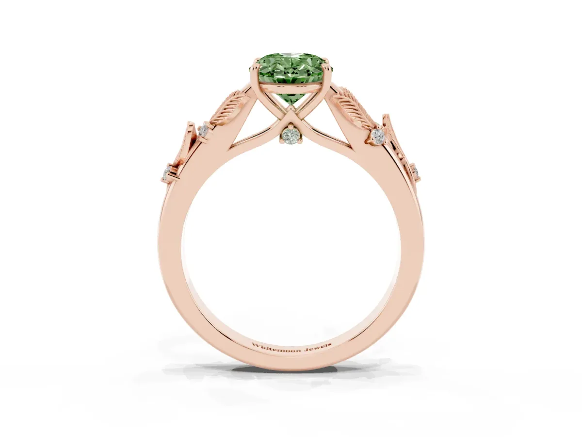 Fancy Green Oval Cut Diamond Solitaire Ring with Leaf Motif Band and Four-Prong Setting Rose gold