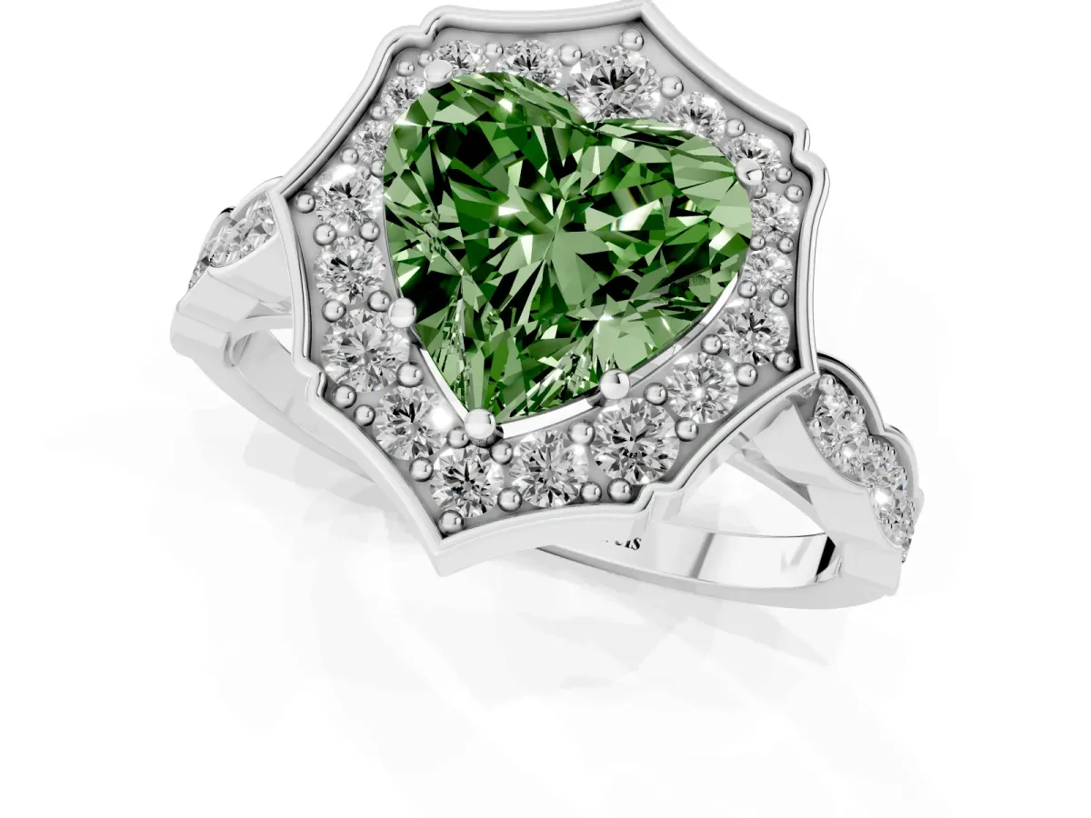 Fancy Green Heart Cut Halo Diamond Engagement Ring with Milgrain Band and Four-Prong Setting Silver