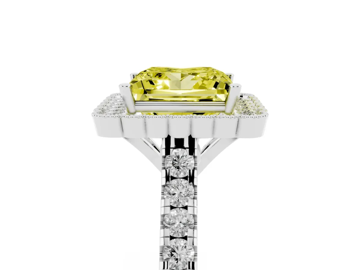 Fancy Yellow Princess Cut Cut Diamond Milgrain Floral Halo Engagement Ring with Pavé Band White gold