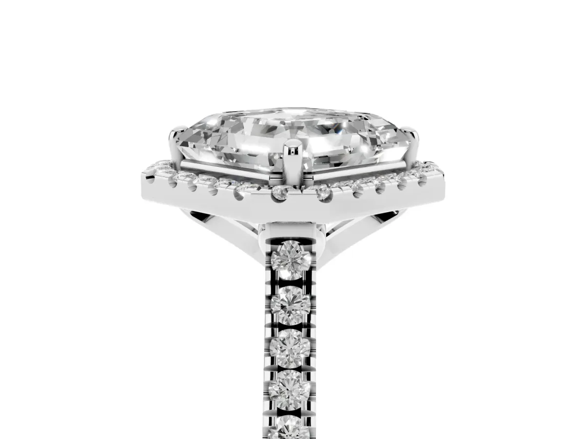 Asscher Cut Diamond Cushion Halo Ring with Pavé Band Silver