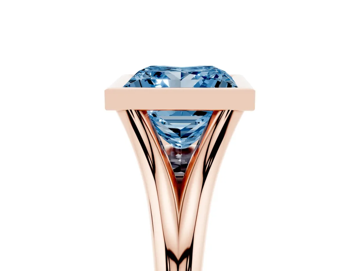 Fancy Blue Bezel Set Princess Cut Cut Solitaire Ring with Tapered Band Rose gold