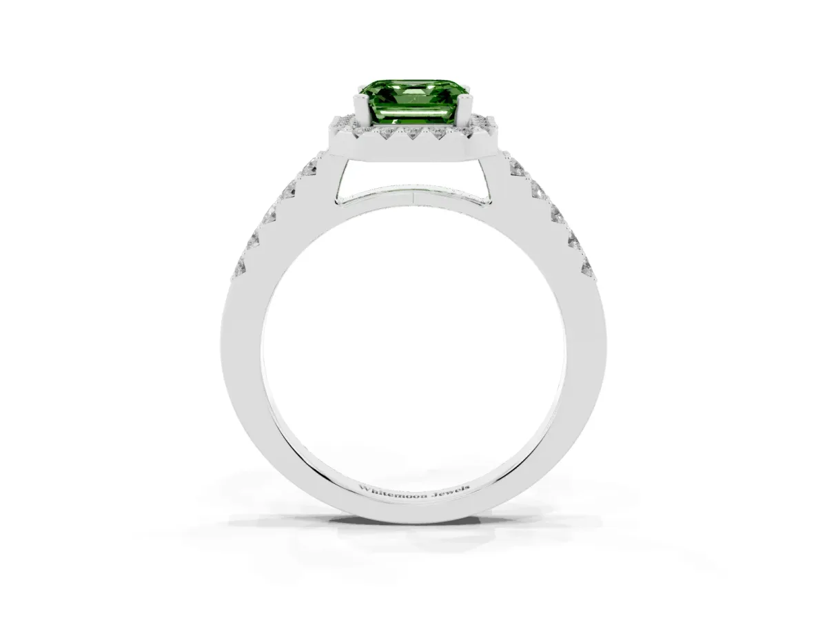Fancy Green Asscher Cut Halo Diamond Pavé Solitaire Ring Silver
