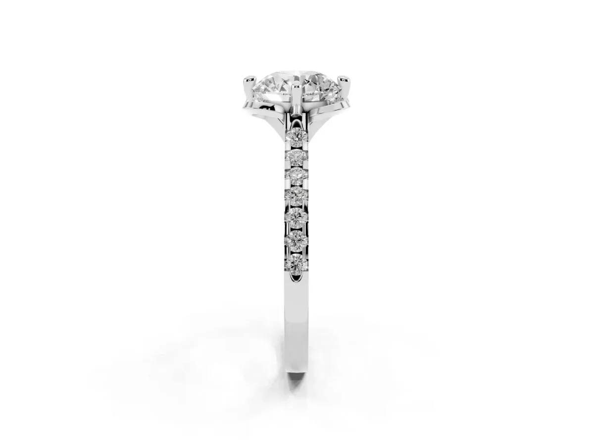 Round Cut Diamond Ring with Pavé Band and Floral Prong Setting Silver