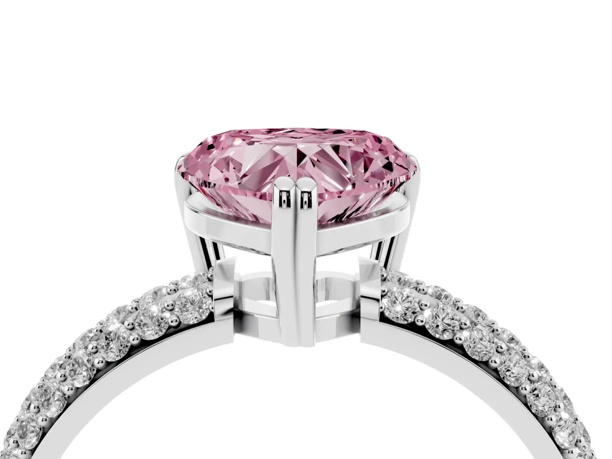 Fancy Pink Heart Cut Diamond Solitaire Ring with Multi-Row Round Pavé Band and Prong Setting Silver