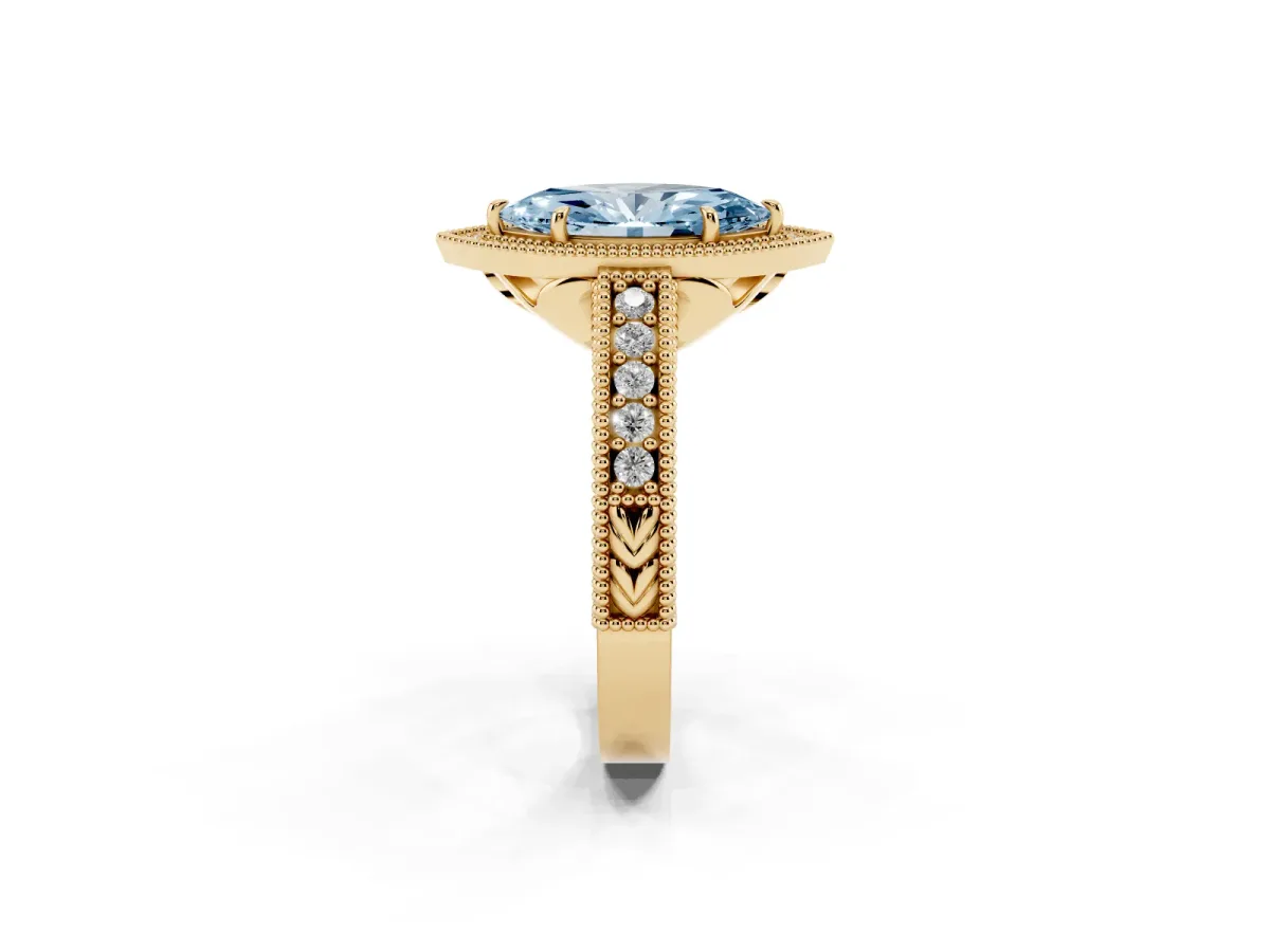 Fancy Blue Marquise Cut Cut Halo Diamond Ring with Pavé Band and Four-Prong Setting Yellow gold