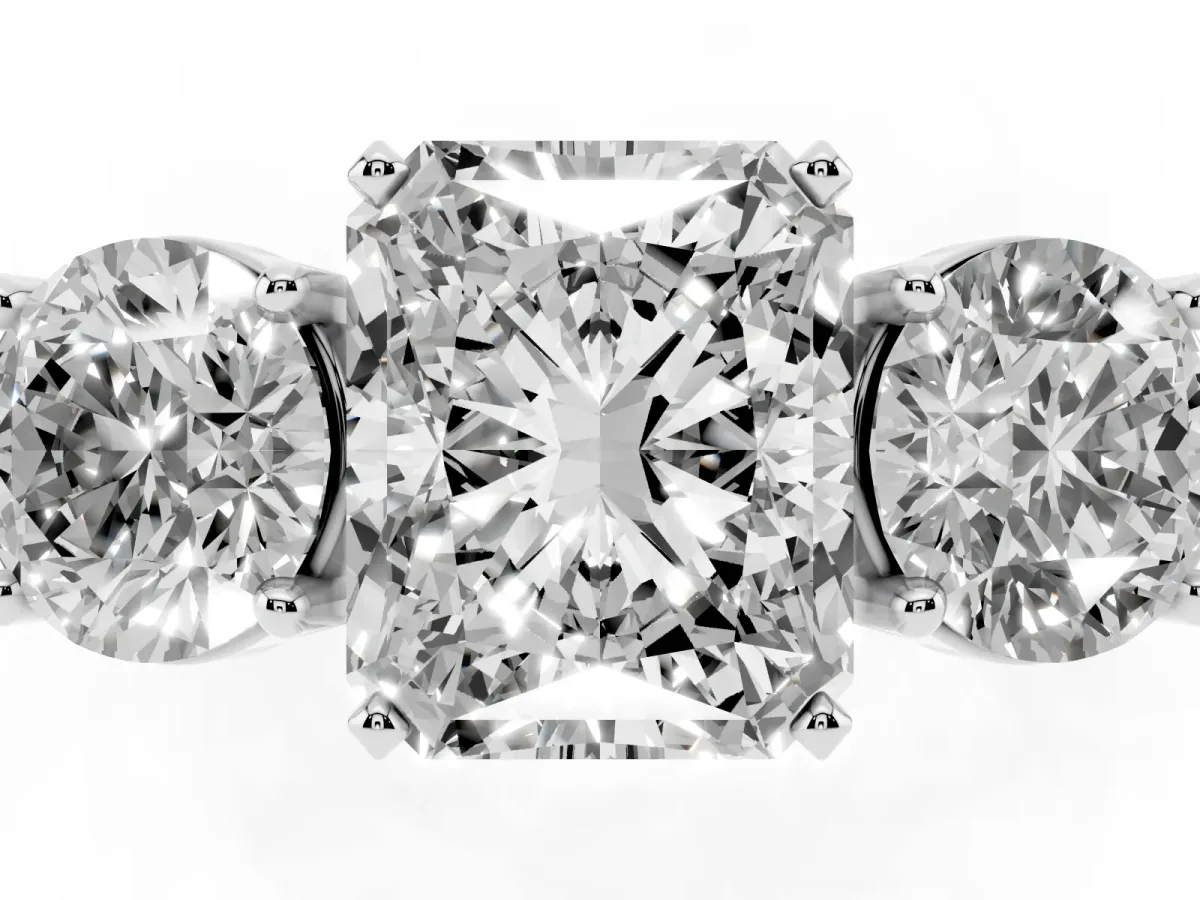Three-Stone Radiant Cut Diamond Ring with Round Side Stones, Classic Band, and Four-Prong Setting White gold