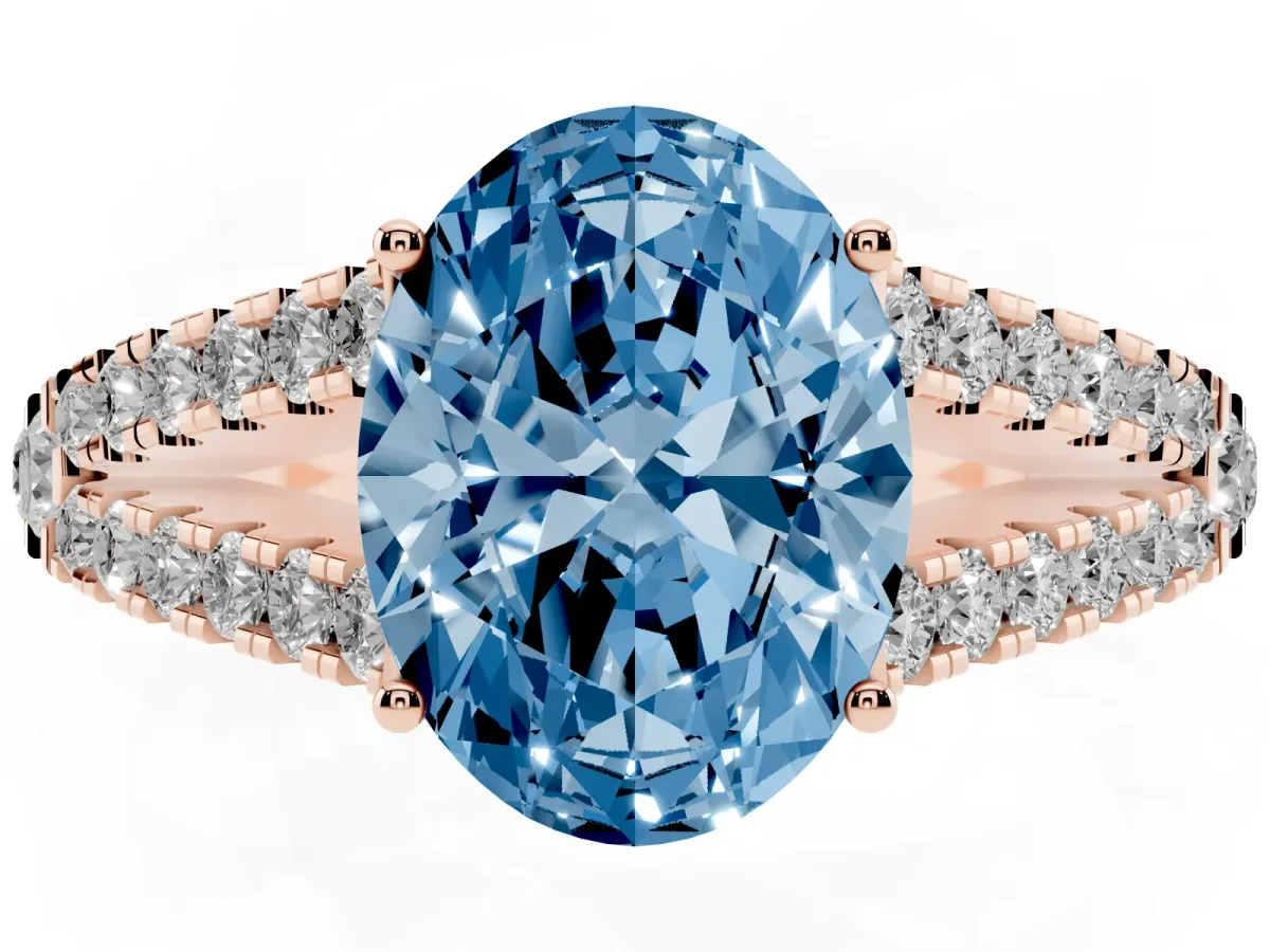 Fancy Blue Oval Cut Diamond Split Shank Pavé Engagement Ring with Four-Prong Setting Rose gold