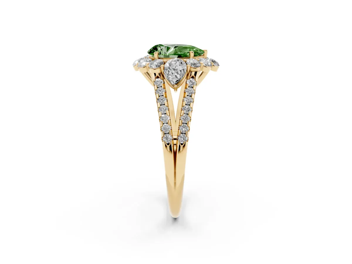 Fancy Green Pear Cut Halo Split Shank Diamond Engagement Ring with Prong Setting Yellow gold