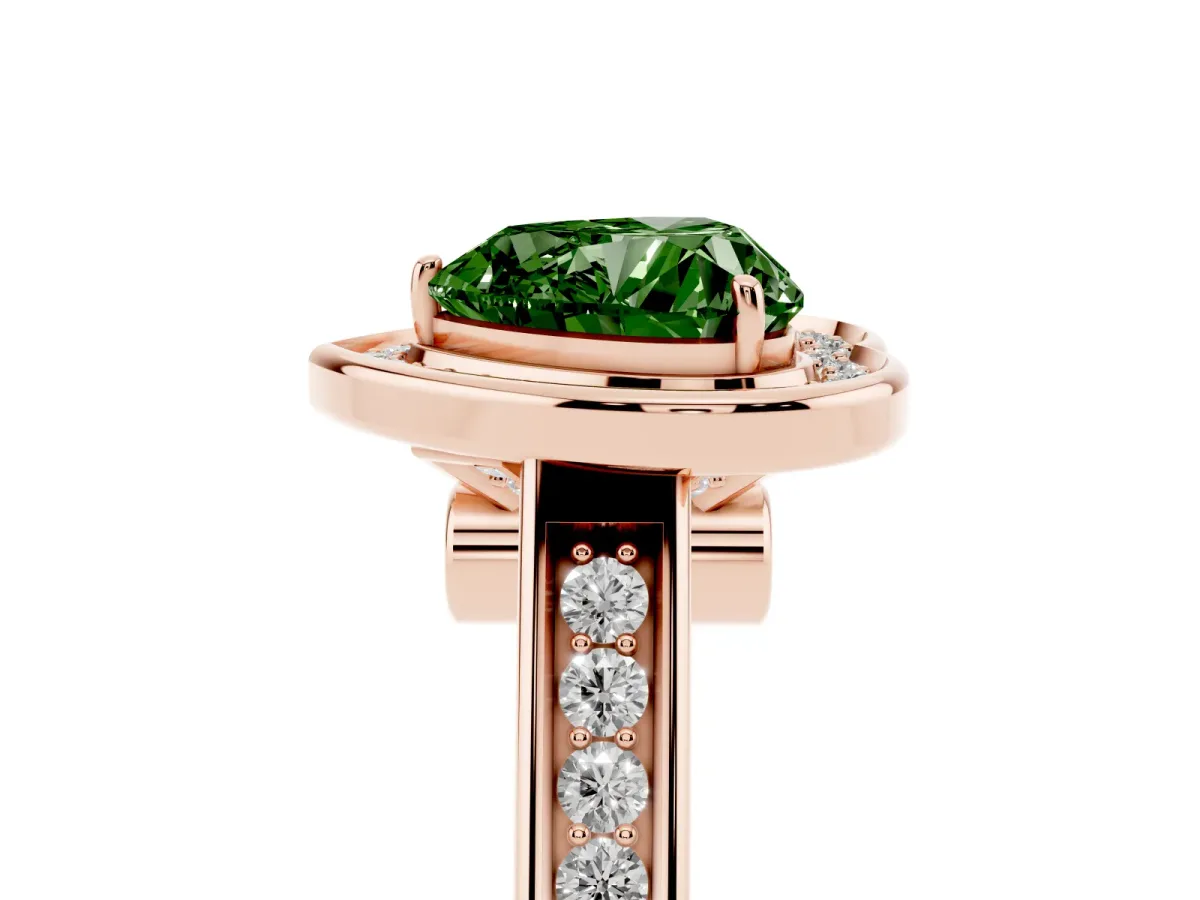 Fancy Green Heart Cut Halo Solitaire Diamond Ring with Pave Band and Bezel Setting Rose gold