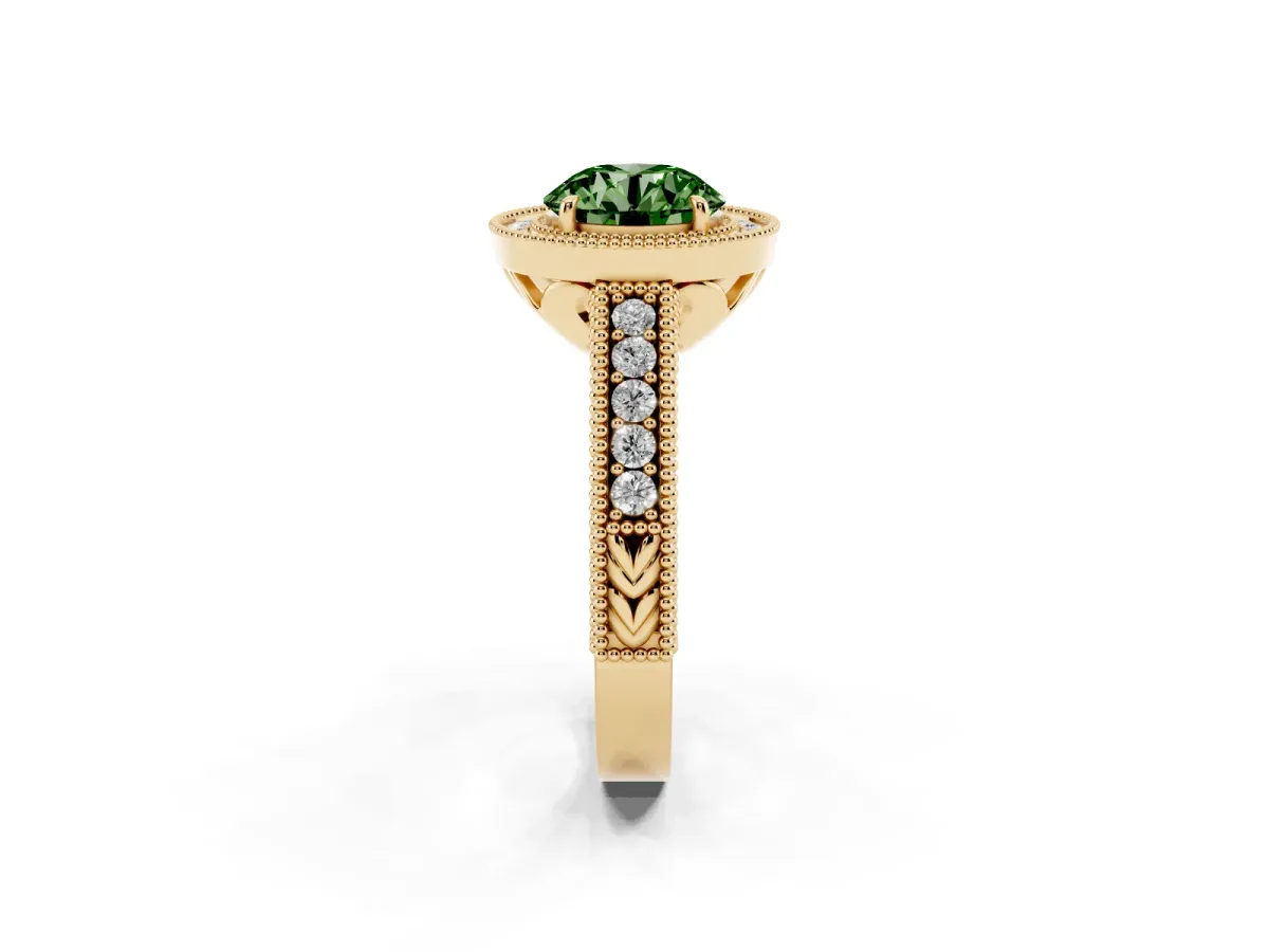 Fancy Green Round Cut Cut Halo Diamond Ring with Pavé Band and Four-Prong Setting Yellow gold