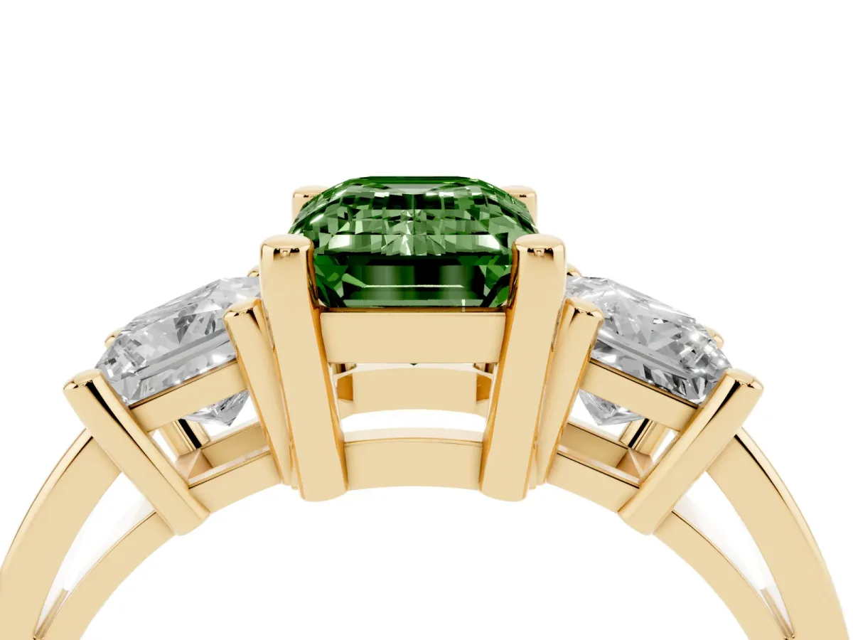 Fancy Green Three-Stone Emerald Cut Cut Solitaire Ring with Prong Setting Yellow gold