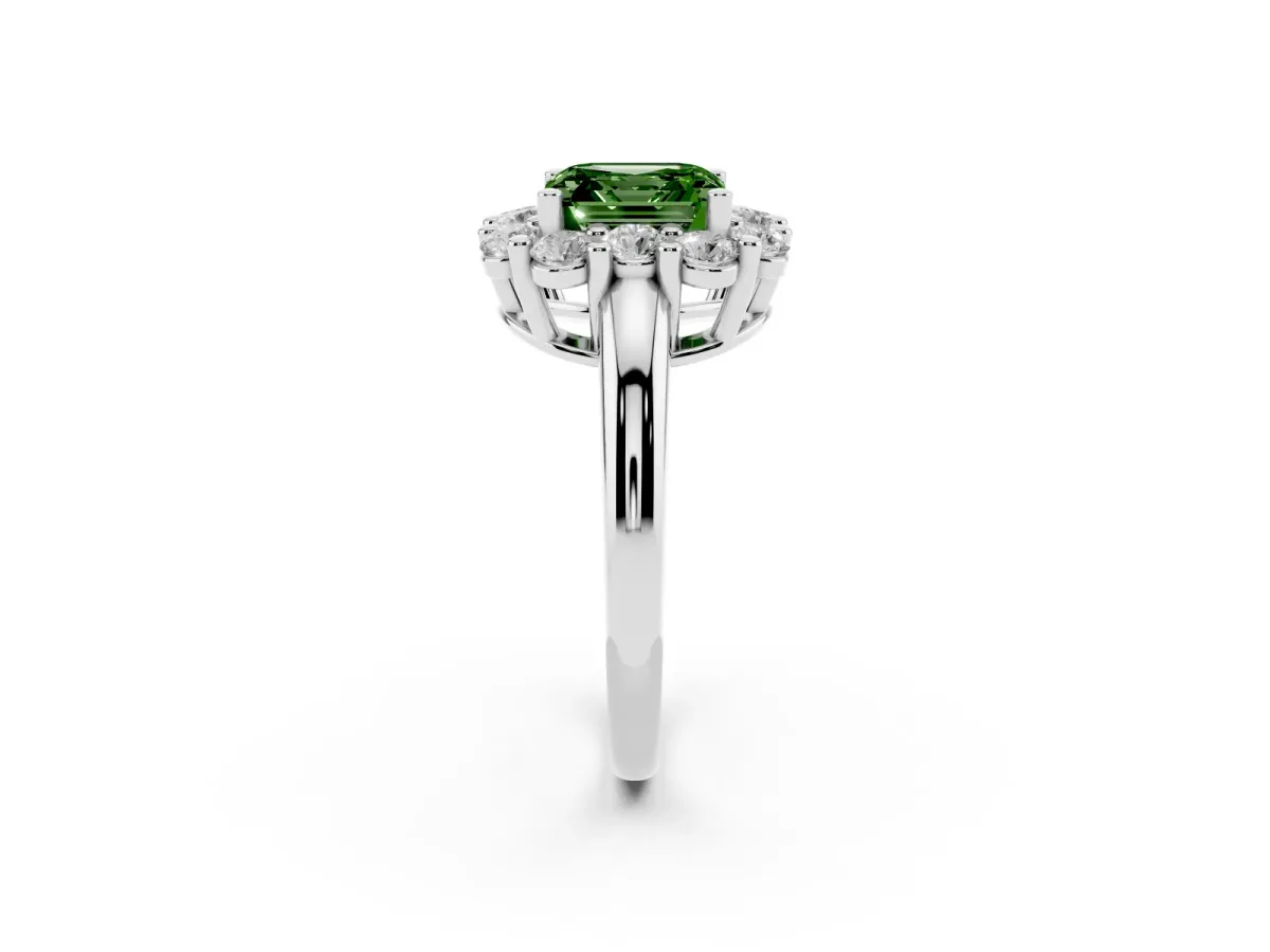 Fancy Green Asscher Cut Halo Cluster Diamond Engagement Ring with Prong Setting and Polished Band Platinum