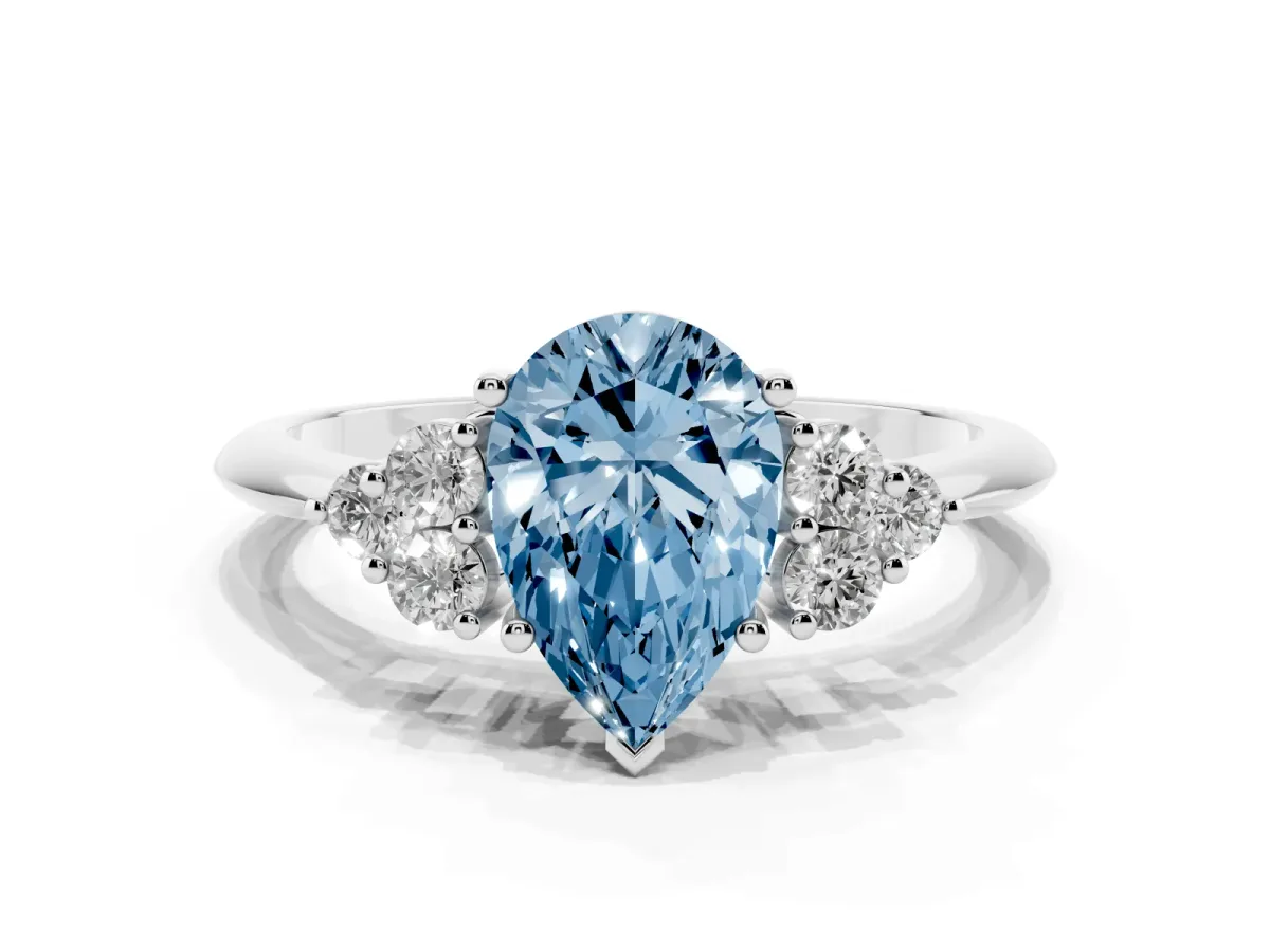Fancy Blue Pear Cut Cut Diamond Cluster Ring with Solitaire Band and Four-Prong Setting Silver