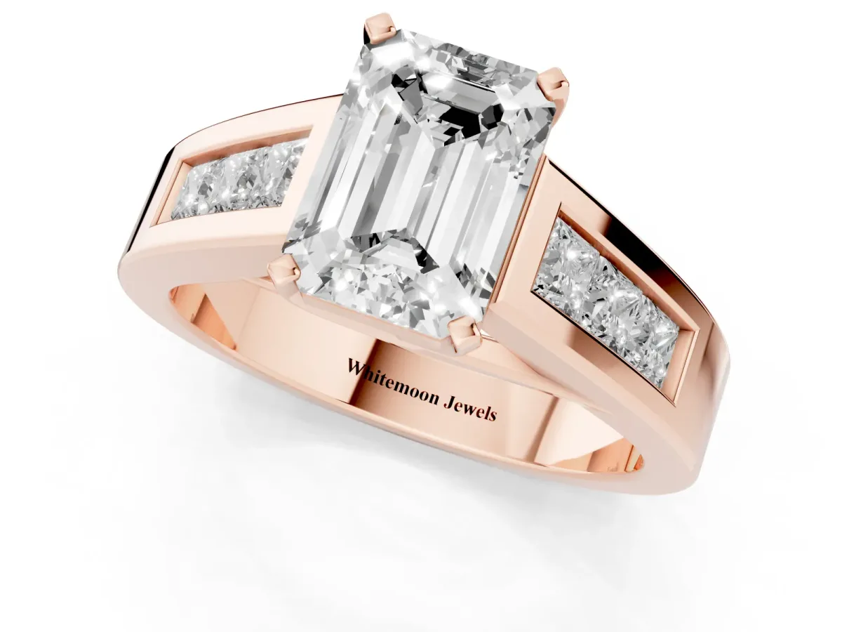 Emerald Cut Cut Channel Set Solitaire Ring with Four-Prong Setting Rose gold