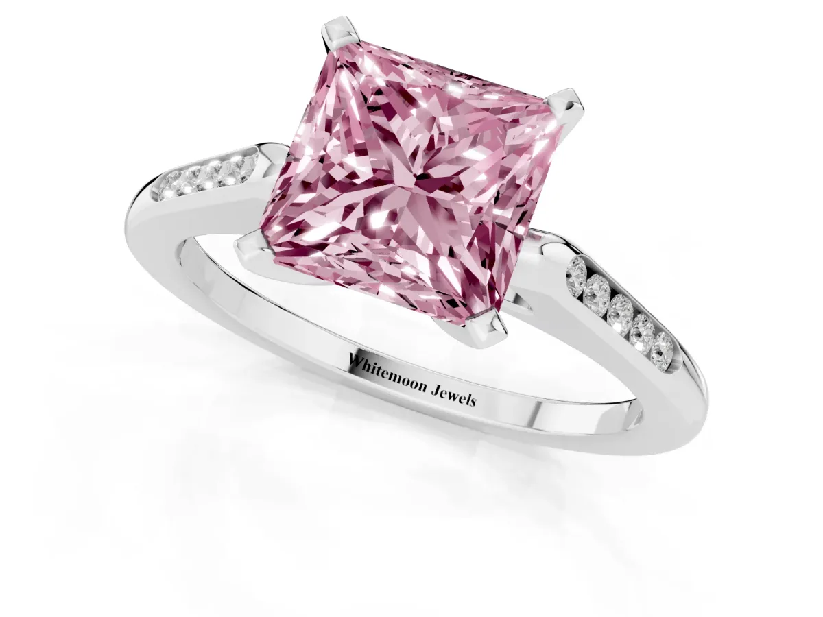 Fancy Pink Princess Cut Diamond Solitaire Ring with Channel Set Round Band and Prong Setting White gold