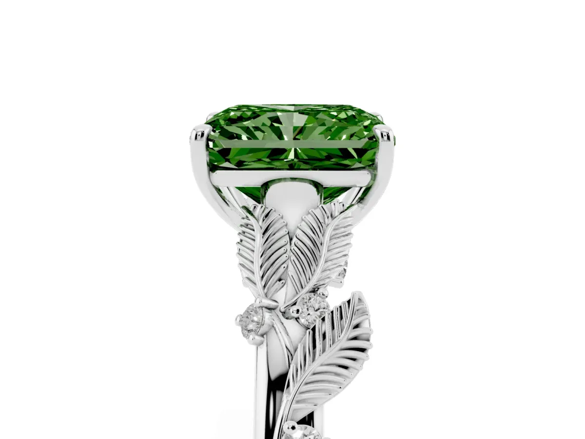 Fancy Green Radiant Cut Diamond Solitaire Ring with Leaf Motif Band and Four-Prong Setting Silver