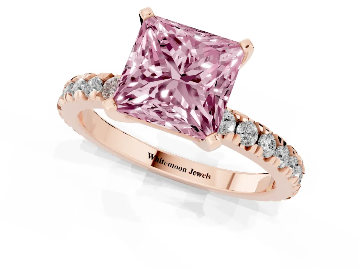 Fancy Pink Princess Cut Diamond Pavé Band Solitaire with Four-Prong Setting Rose gold