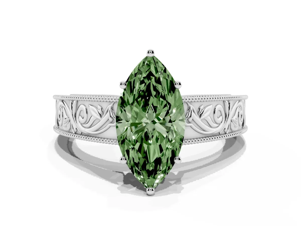 Fancy Green Marquise Cut Diamond Solitaire Ring with Engraved Band and Four-Prong Setting Platinum