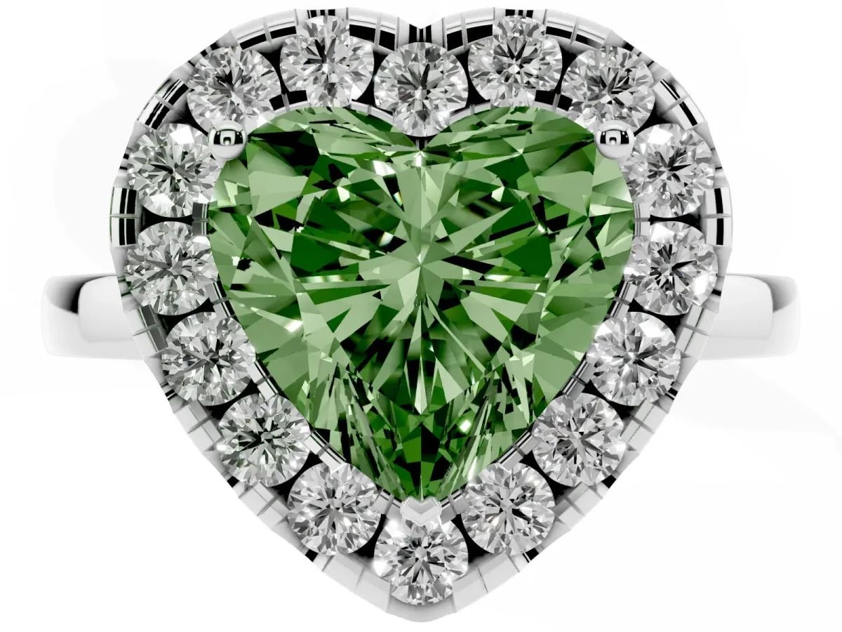 Fancy Green Heart Cut Halo Diamond Solitaire with Pavé Band and Four-Prong Setting Silver