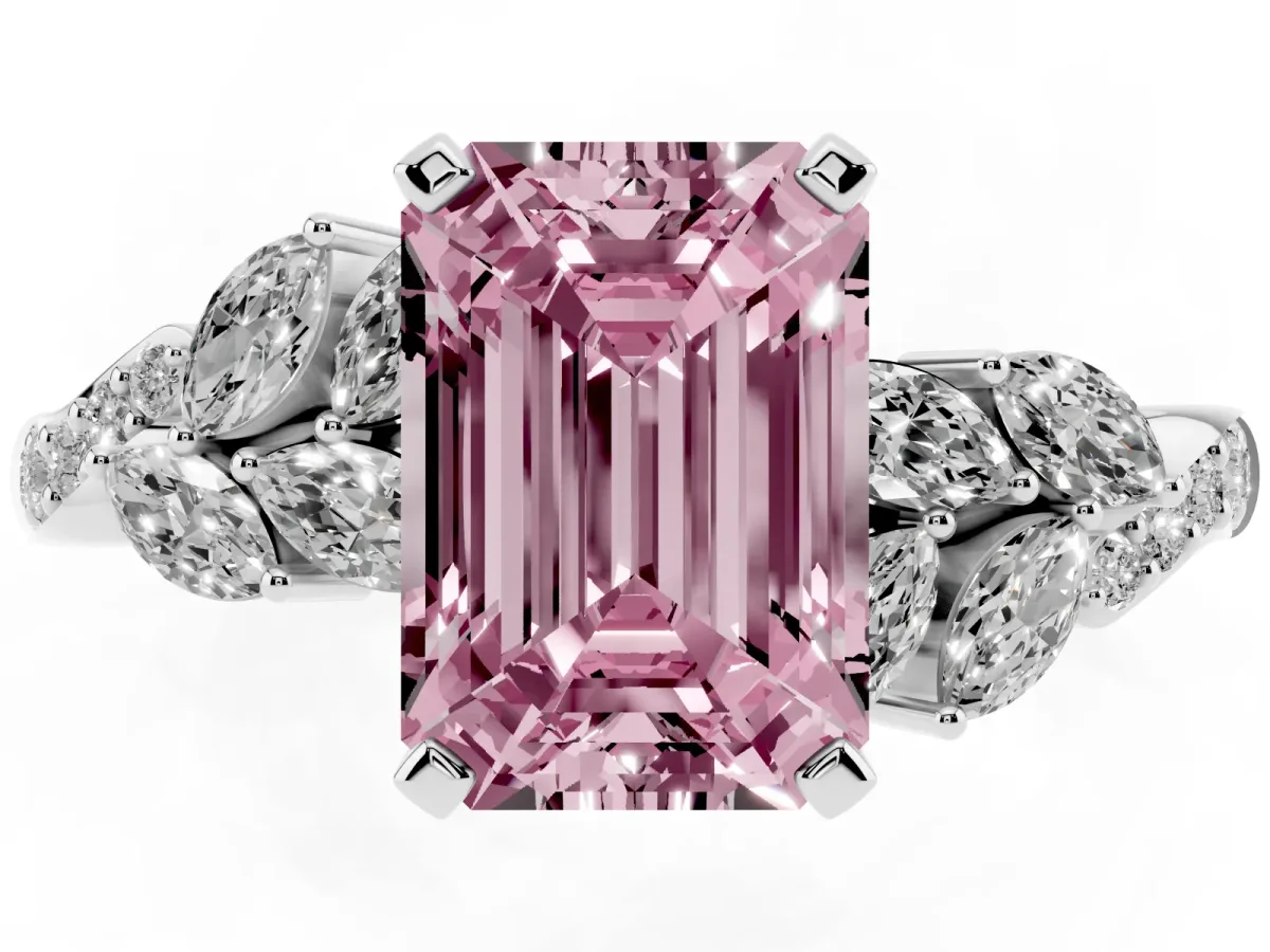 Fancy Pink Emerald Cut Solitaire Marquise Twist Band with Six-Prong Setting Silver