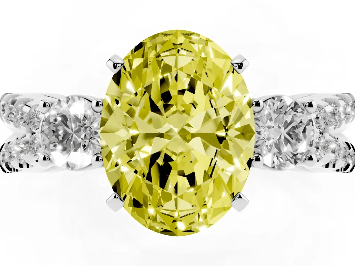 Fancy Yellow Oval Cut Diamond Three-Stone Ring with Pavé Split Shank and Four-Prong Setting Silver