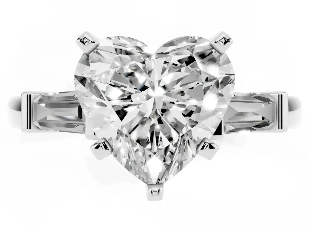 Heart Cut Cut Diamond Solitaire Ring with Tapered Baguette Accents and Four-Prong Setting White gold