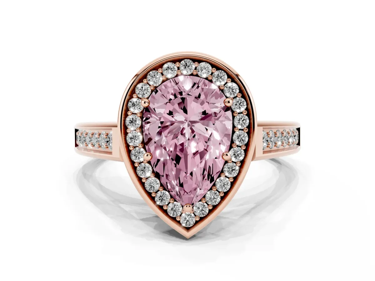 Fancy Pink Pear Cut Halo Solitaire Diamond Ring with Pave Band and Bezel Setting Rose gold