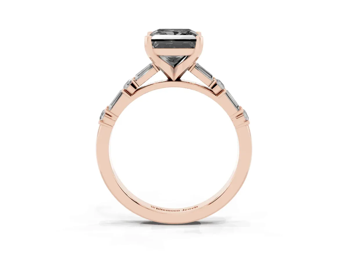 Fancy Black Princess Cut Diamond Solitaire with Side Baguettes and Channel Set Band Rose gold