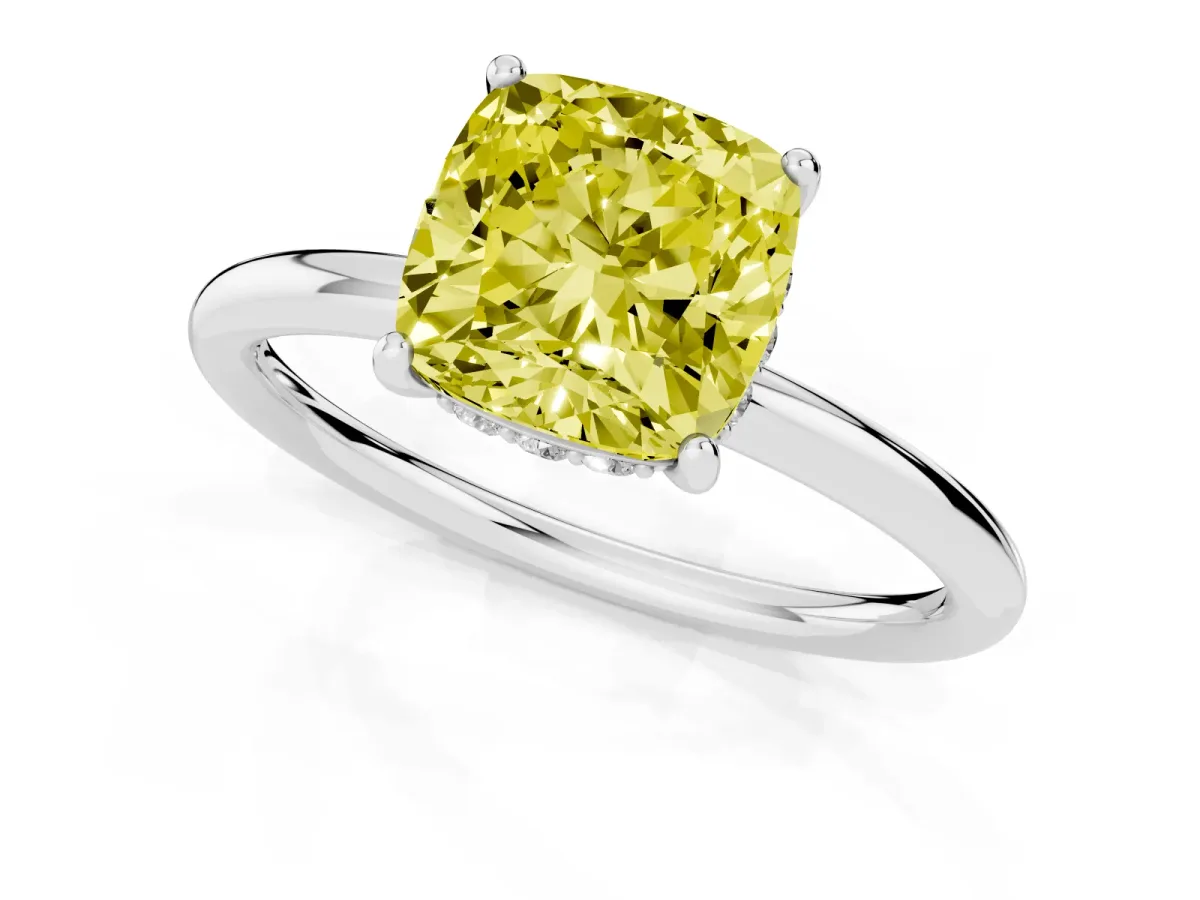 Fancy Yellow Cushion Cut Solitaire Diamond Ring with a Classic Band and Four-Prong Setting Silver