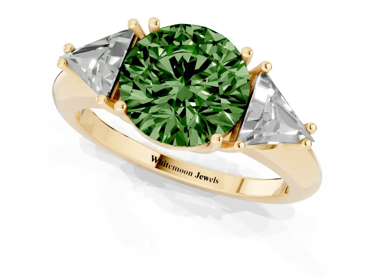 Fancy Green Three-Stone Round Cut Diamond Engagement Ring with Trillion Side Stones and Prong Setting Yellow gold