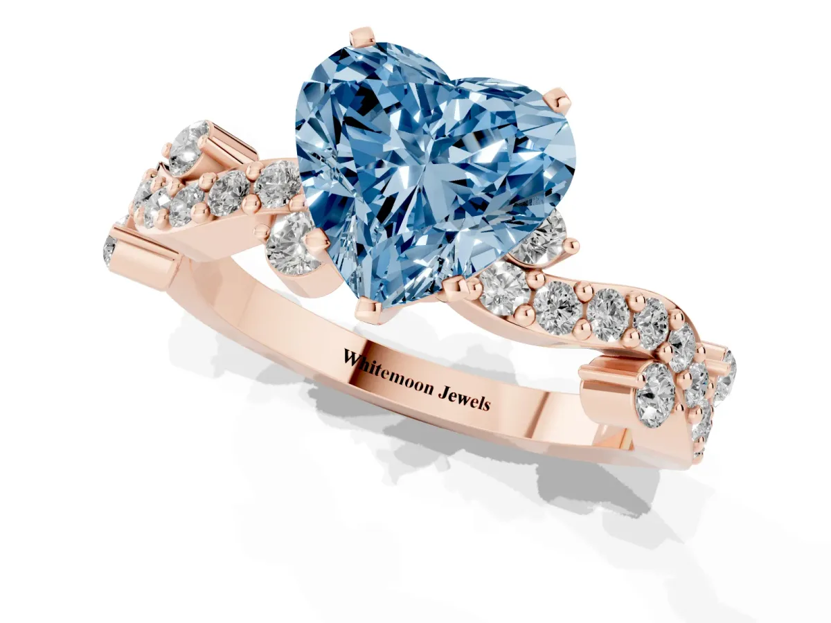 Fancy Blue Heart Cut Cut Solitaire Diamond Twisted Band with Pave Setting Rose gold